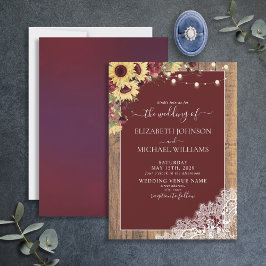 Invitación Burgundy Sunflower Wood Lace Script Boda