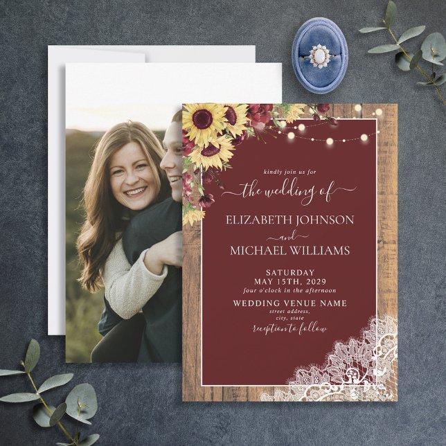 Invitación Burgundy Sunflower Wood Script Lace Photo Boda (Subido por el creador)