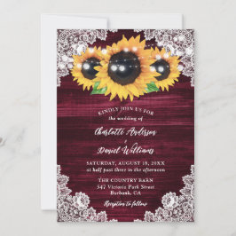 Invitación Burgundy Sunflower Wood String Luces Boda