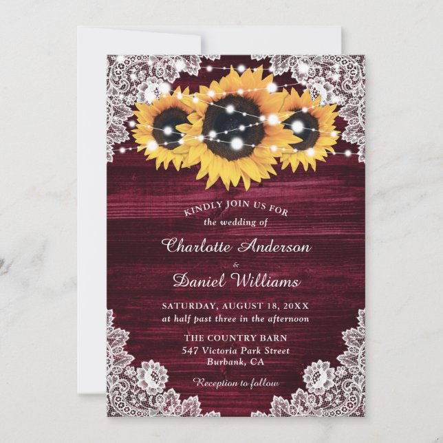 Invitación Burgundy Sunflower Wood String Luces Boda (Anverso)