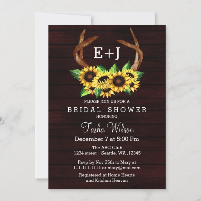 Invitación Burgundy Sunflowers Antlers Country Bridal Shower (Anverso)