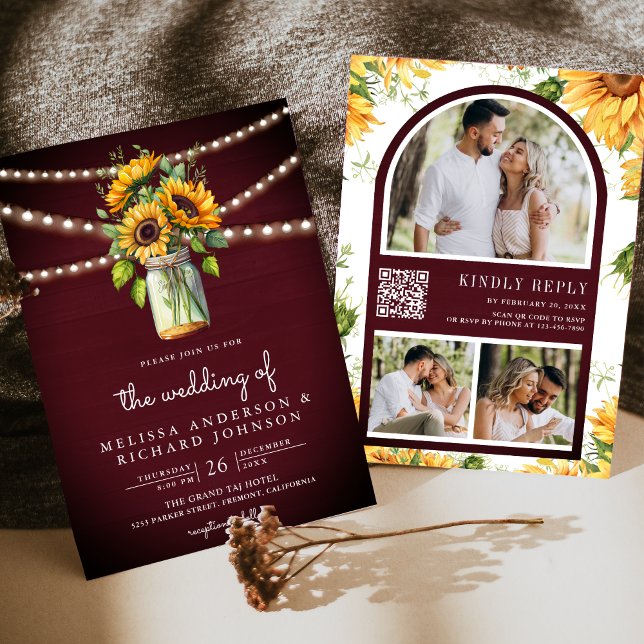 Invitación Burgundy Sunflowers Mason Jar QR Code Boda (Subido por el creador)