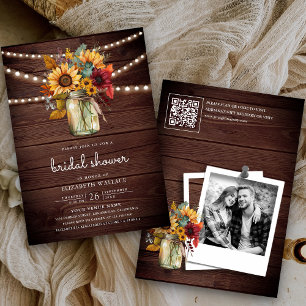 Invitación Burgundy Sunflowers Wood QR Code Bridal Shower