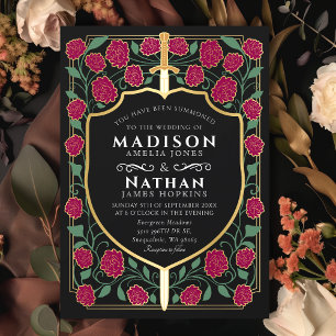 Invitación Burgundy Sword Shield Fantasy Monograma Boda