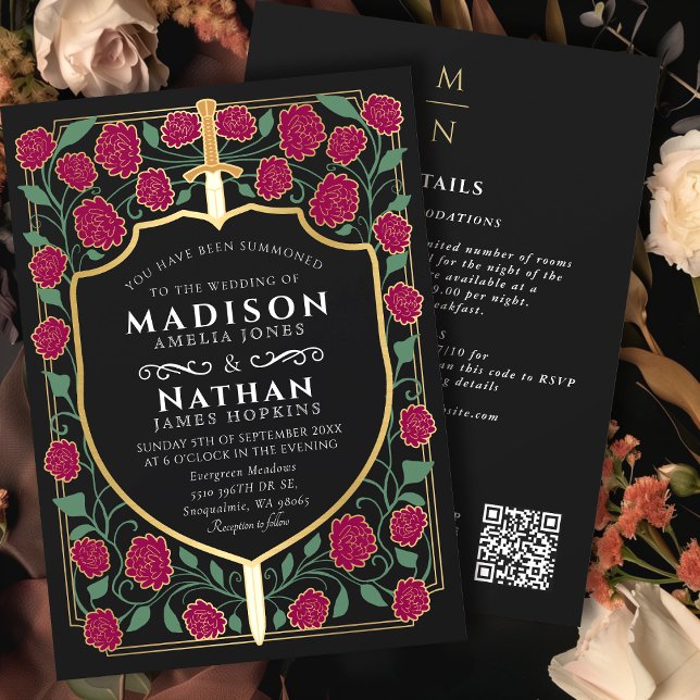 Invitación Burgundy Sword Shield Fantasy QR Code Boda (Subido por el creador)