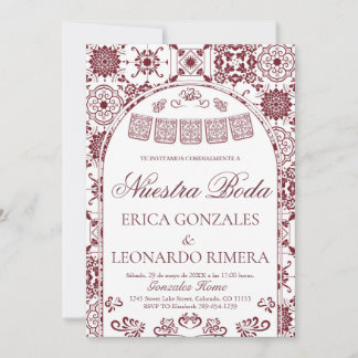 Invitación Burgundy Talavera Papel Picado Spanish Wedding