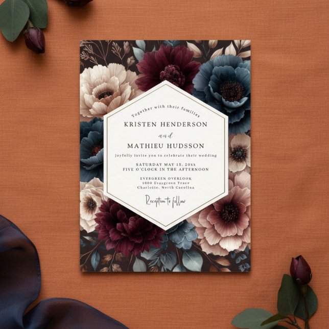 Invitación Burgundy Teal Bloom Romance Wedding (Subido por el creador)