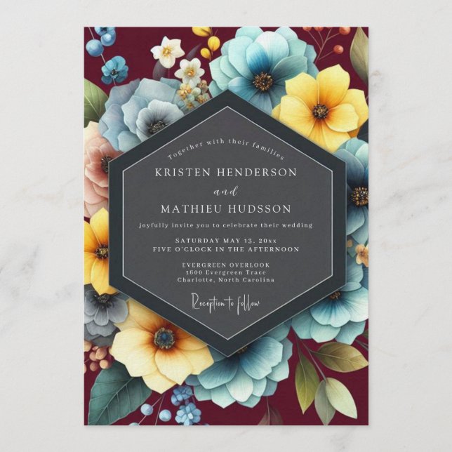 Invitación Burgundy & Teal Vibrant Bloom Wedding (Anverso)