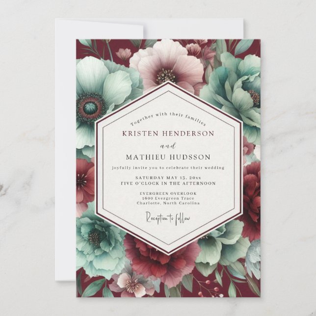 Invitación Burgundy & Teal Vintage Bloom Wedding (Anverso)