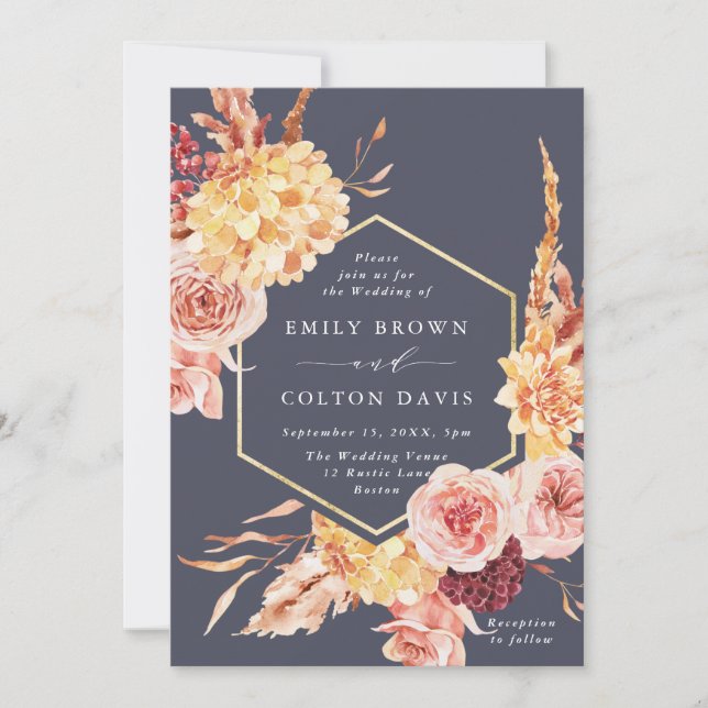 Invitación Burgundy Terracotta Gold Boda Floral Purple (Anverso)