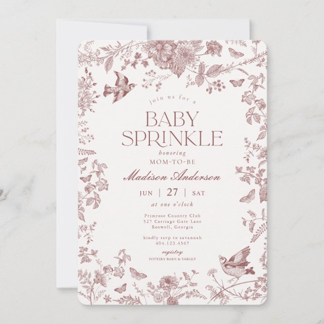 Invitación Burgundy Toile De Jouy Bebé Floral Francés Sprinkl (Anverso)