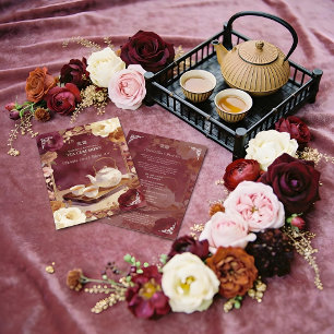 Invitación Burgundy Traditional Floral Chinese Tea Ceremony