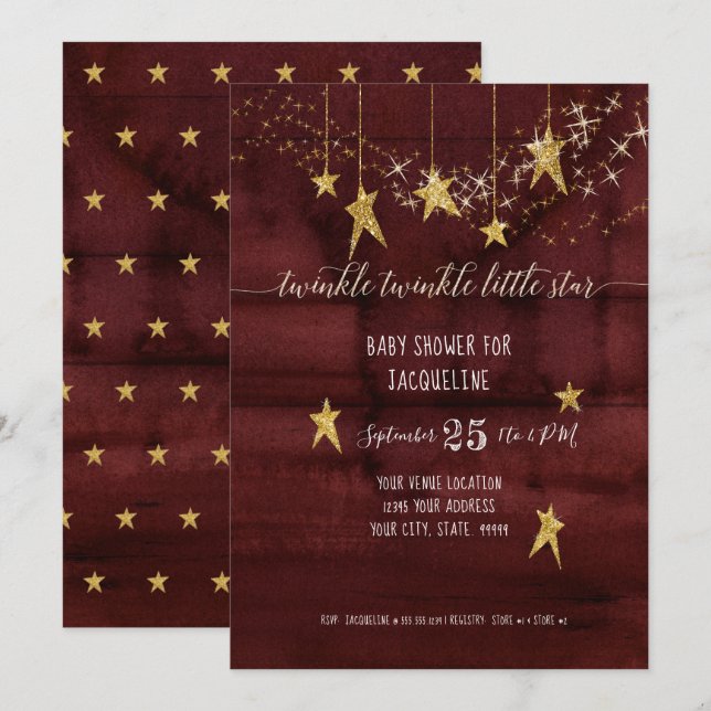 Invitación Burgundy Twinkle Little Star Gold Chica Baby Showe (Anverso / Reverso)