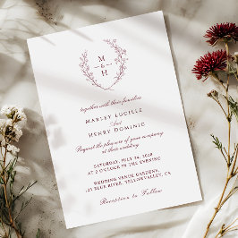 Invitación Burgundy Typography Wildflower Monogram Wedding