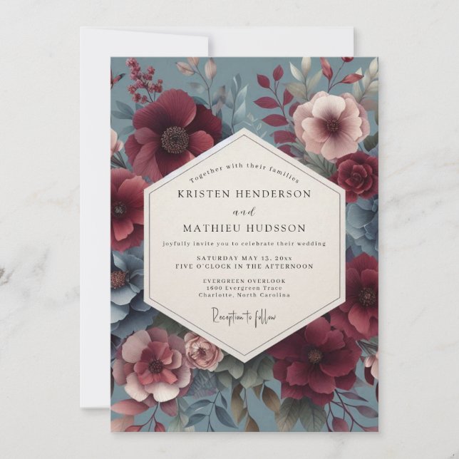 Invitación Burgundy Victorian Bloom Wedding (Anverso)