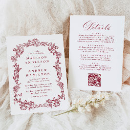 Invitación Burgundy Victorian Floral All in One Wedding