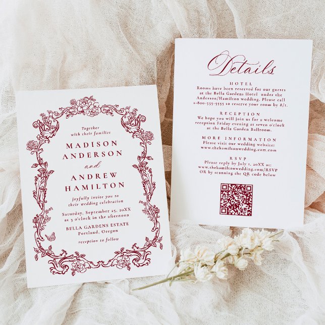 Invitación Burgundy Victorian Floral All in One Wedding (Subido por el creador)