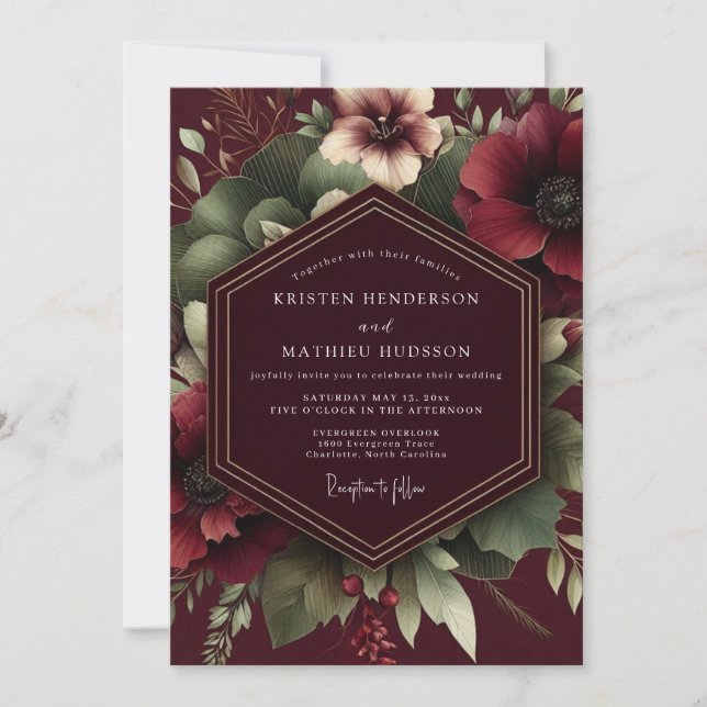 Invitación Burgundy Vintner Floral Wedding (Anverso)