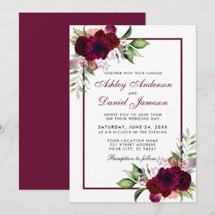 Invitación Burgundy Watercolor Boho Boda Floral