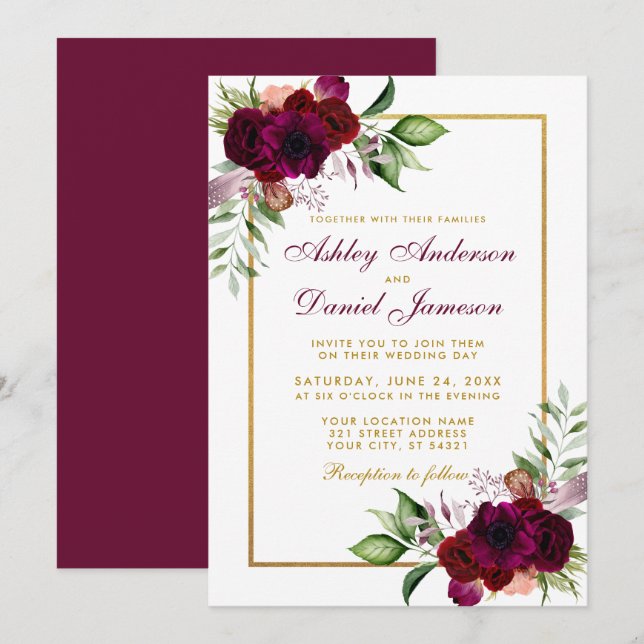 Invitación Burgundy Watercolor Boho Boda Floral Gold (Anverso / Reverso)