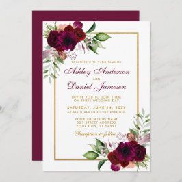 Invitación Burgundy Watercolor Boho Boda Floral Gold