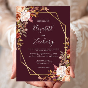 Invitación Burgundy Watercolor Caída Floral Gold Frame Boda