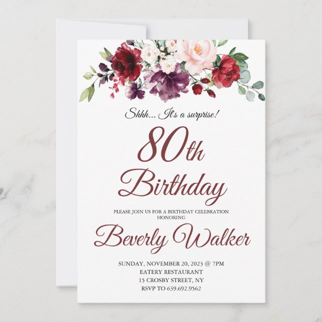 Invitación Burgundy Watercolor Floral 80 cumpleaños sorpresa (Anverso)