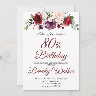 Invitación Burgundy Watercolor Floral 80 cumpleaños sorpresa