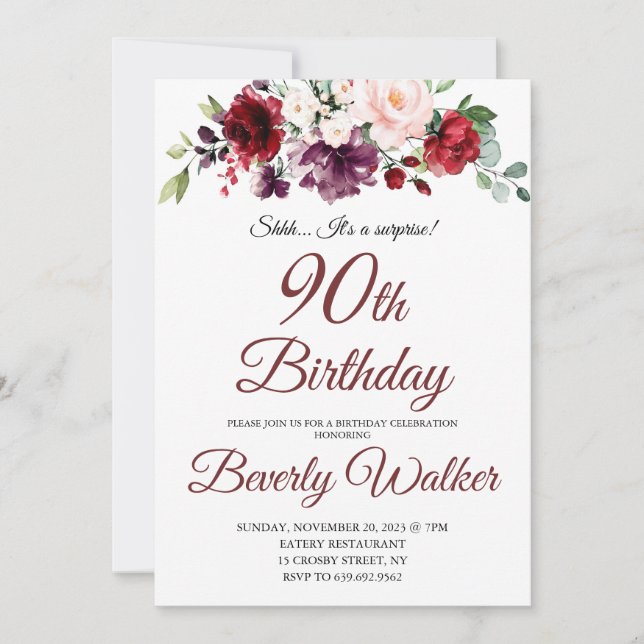 Invitación Burgundy Watercolor Floral 90 cumpleaños sorpresa (Anverso)