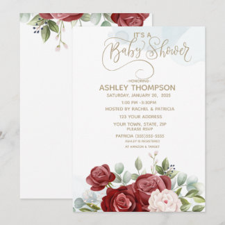 Invitación Burgundy Watercolor Floral Baby Shower