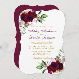 Invitación Burgundy Watercolor Floral Boho Gold Boda B