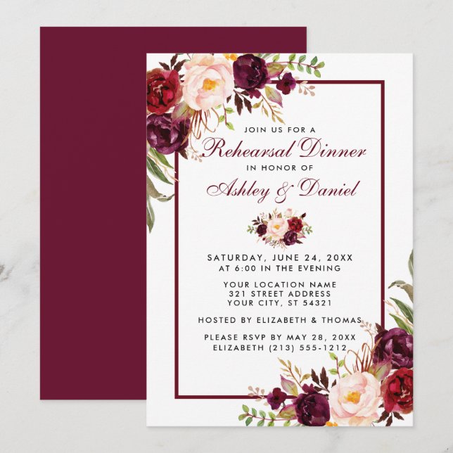 Invitación Burgundy Watercolor Floral Ensayo Cena (Anverso / Reverso)