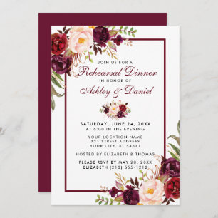 Invitación Burgundy Watercolor Floral Ensayo Cena