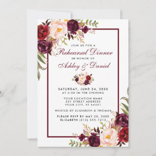 Invitación Burgundy Watercolor Floral Ensayo Cena W