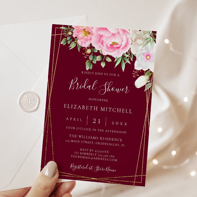 Invitación Burgundy Watercolor Floral Geométrica Ducha de nov (Subido por el creador)
