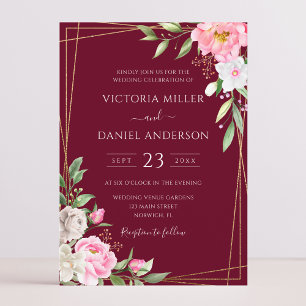 Invitación Burgundy Watercolor Floral Geométrico Gold Boda