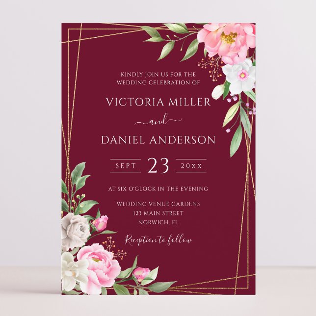 Invitación Burgundy Watercolor Floral Geométrico Gold Boda (Subido por el creador)
