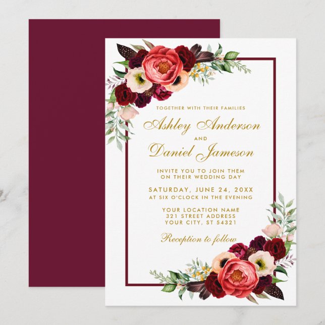 Invitación Burgundy Watercolor Floral Gold Boho Boda GB (Anverso / Reverso)