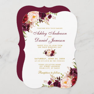 Invitación Burgundy Watercolor Floral Gold Bracket Boda