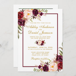 Invitación Burgundy Watercolor Floral Gold Photo Boda