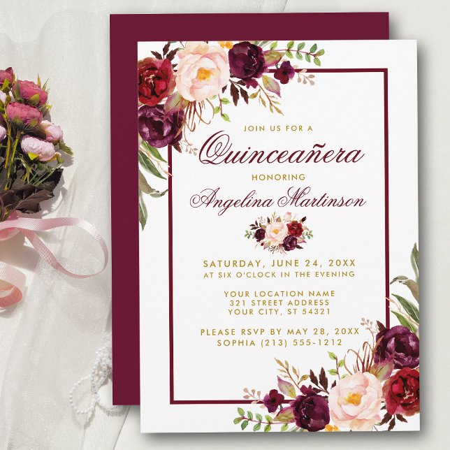 Invitación Burgundy Watercolor Floral Gold Quinceanera (Customize to change text color, style, add text & photos to back or change color of back of card.)