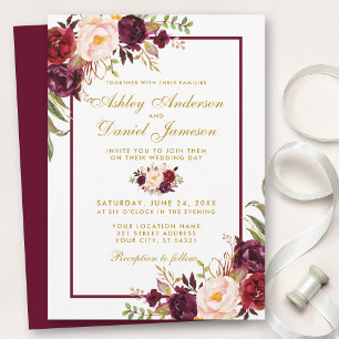Invitación Burgundy Watercolor Floral Gold Wedding Invite BGB