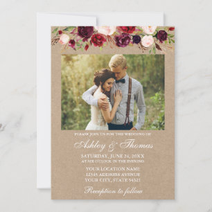 Invitación Burgundy Watercolor Floral Kraft Photo Boda