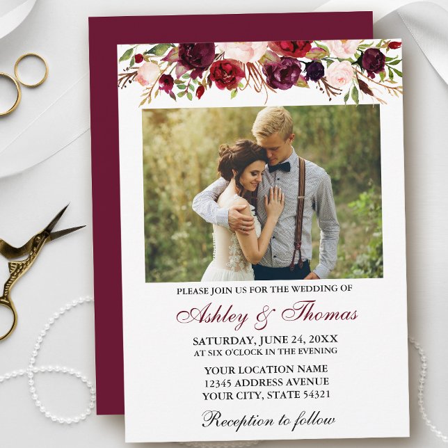 Invitación Burgundy Watercolor Floral Photo Boda (Customize to change text color, size, style or to change color of back of card.)