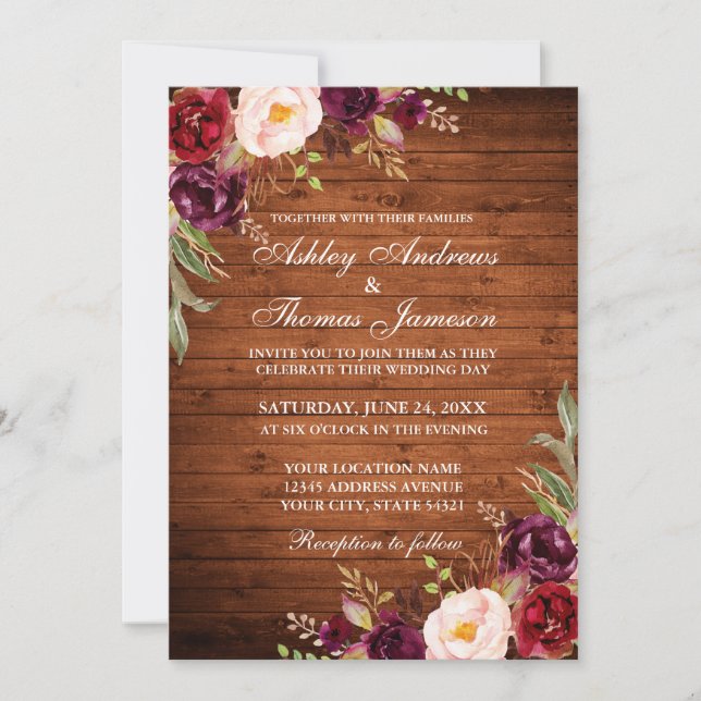 Invitación Burgundy Watercolor Floral Rústico Boda de madera (Anverso)