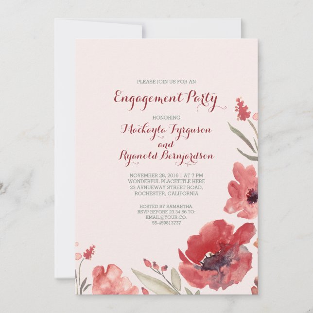 Invitación Burgundy Watercolor Florals Cute Engagement Party (Anverso)