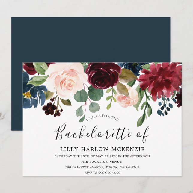 Invitación Burgundy Watercolor Flores Bachelorette Party (Anverso / Reverso)