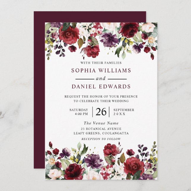 Invitación Burgundy Watercolor Flores Boda tropical (Anverso / Reverso)