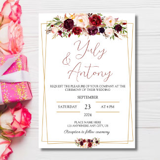 Invitación Burgundy watercolor modern flowers  invitation 