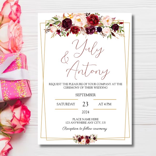 Invitación Burgundy watercolor modern flowers  invitation  (Tarjeta para boda flores rojo borgoña
)